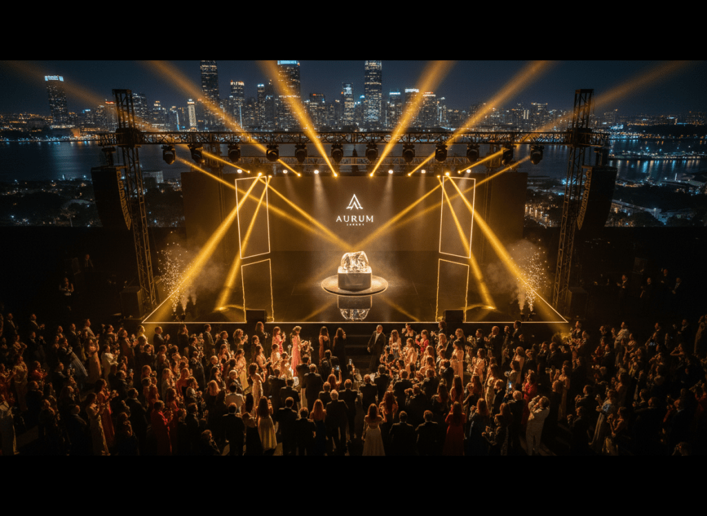 LucidMediax campaign — luxury brand product launch event with golden spotlights