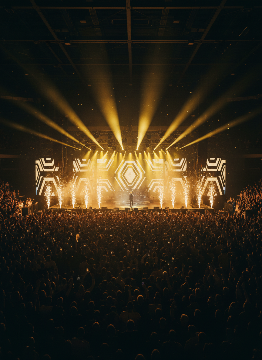 Dark dramatic concert event with gold stage lighting